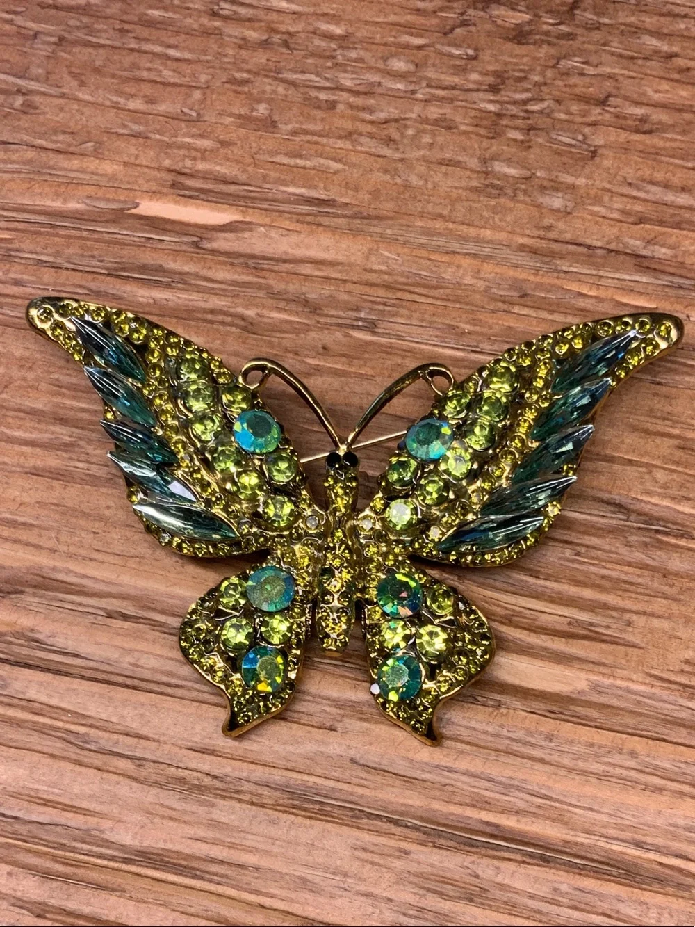 Green and Teal Crystal Butterfly Vintage Style Gold Tone Brooch